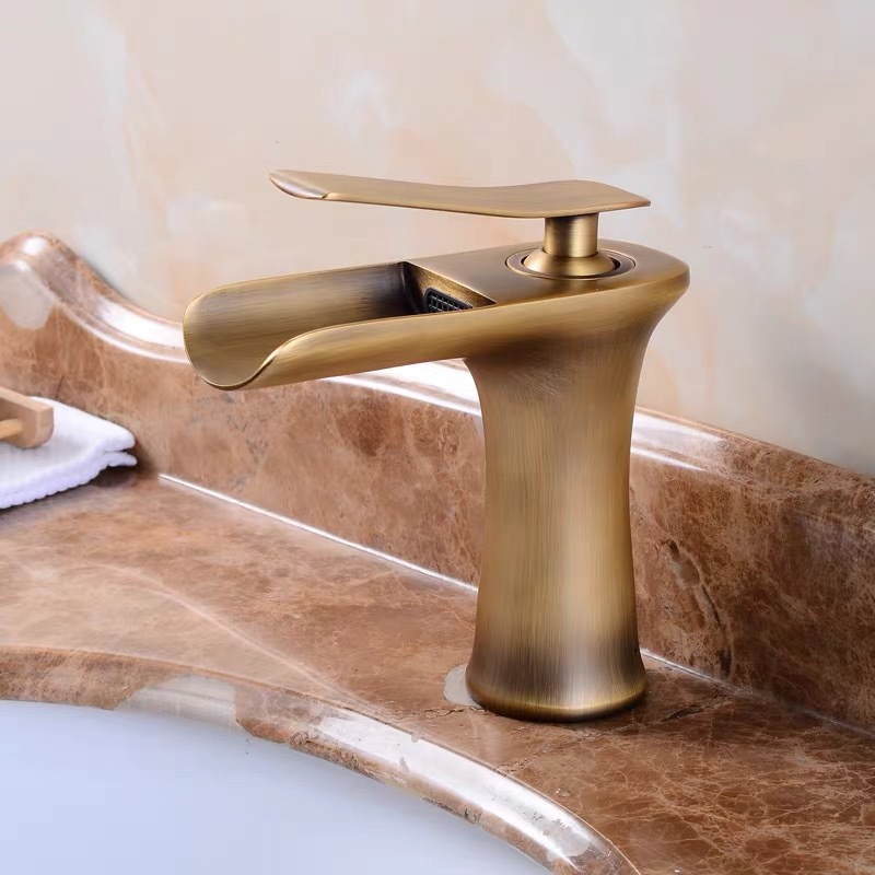 Gold Brass Sink Basin Faucets Hot Cold Water Single handle Mixer Bath Antique Faucet Waterfall Crane Taps TM-FA-E008