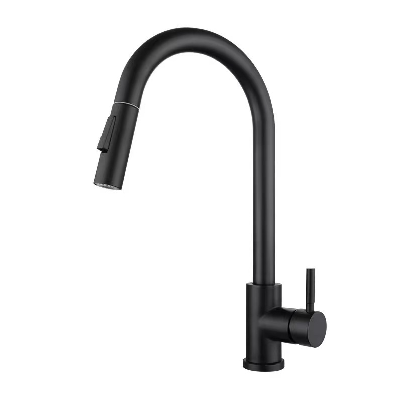 Kitchen Faucet Black Pull Out Mixer Hot and Cold Water Two Function Deck Mounted Single Handle Taps Wash Sink Stainless Steel TM-FA-E007